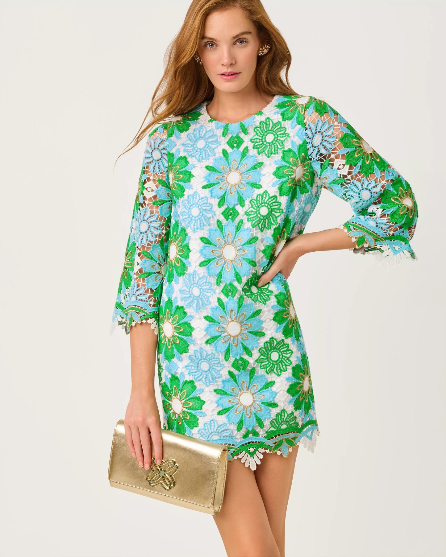 Jouri 3/4 Sleeve Lace Dress - Putting Green Sunshine Tile Lace