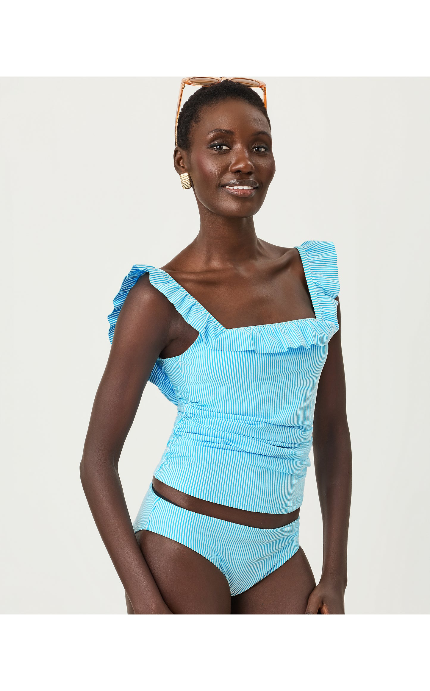 Aemma Ruffle Tankini Top - Capri Blue Seersucker Stripe