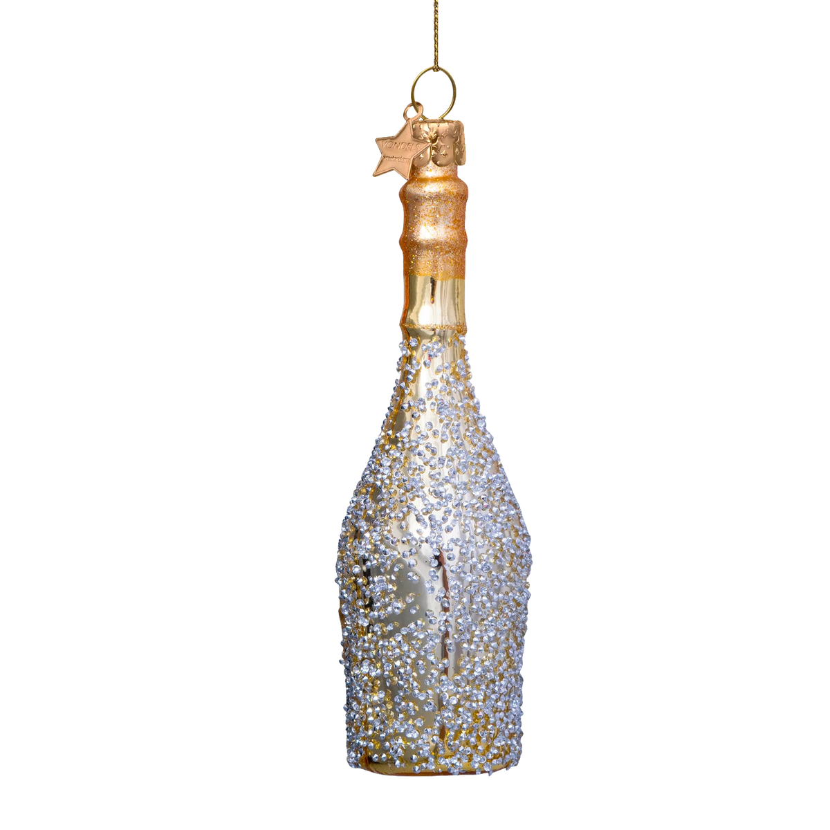 Ornament glass gold champagne bottle w/diamonds