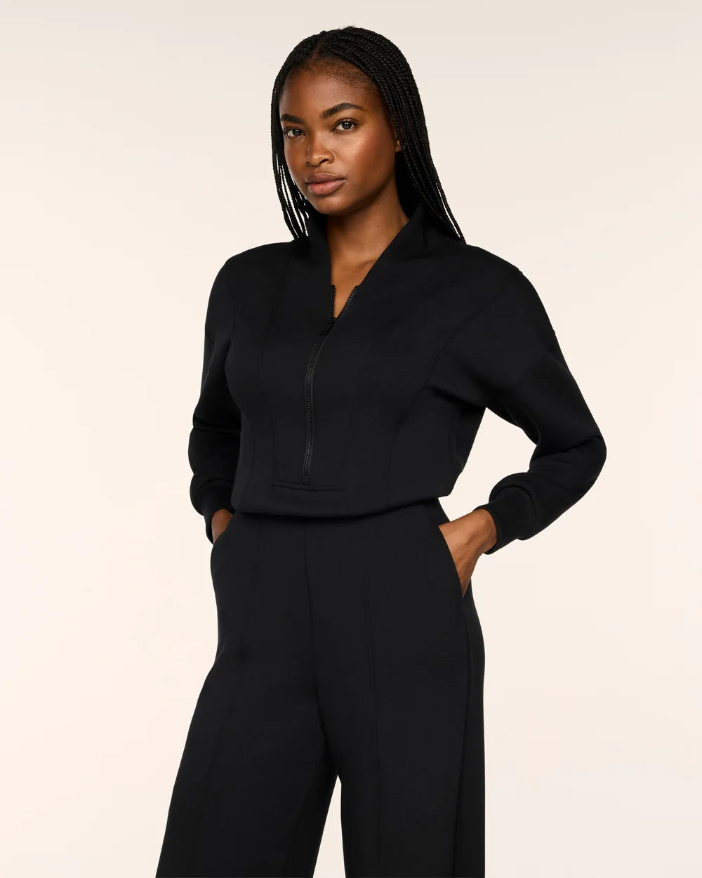 SPANX AirEssentials® Long Sleeve Shawl Collar Jumpsuit - Very Black - PETITE