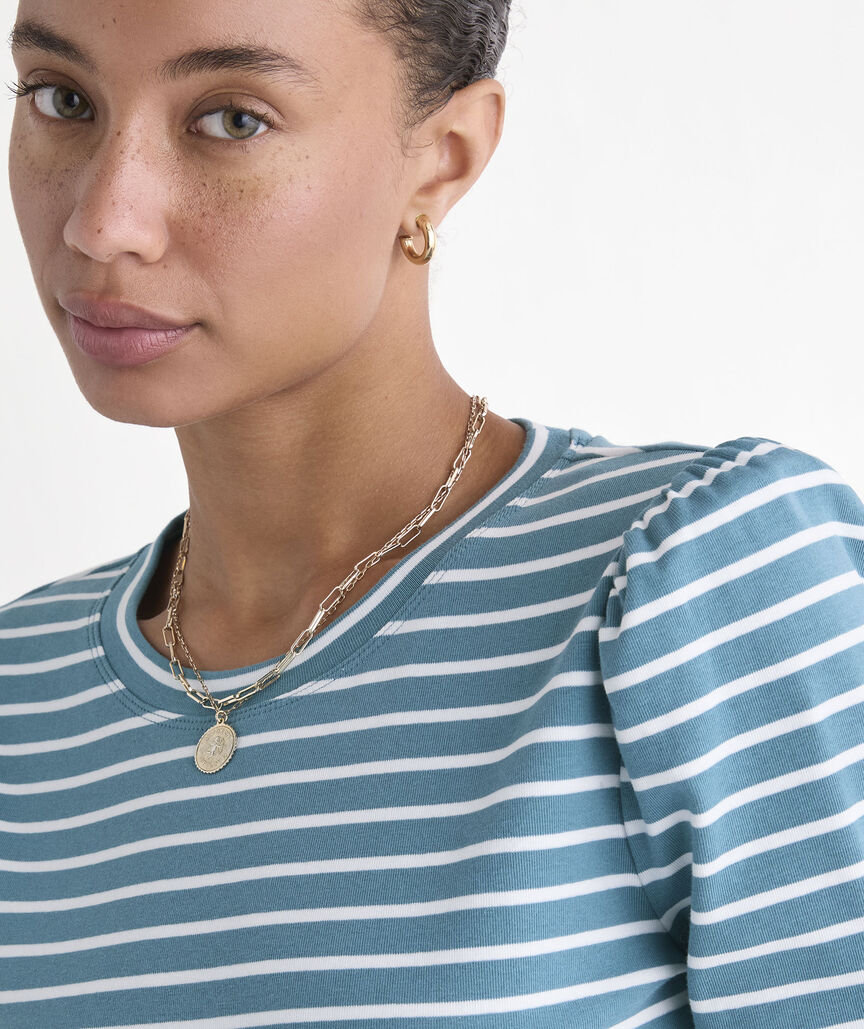 Puff Sleeve Top - Lowcountry Loden/White Stripe
