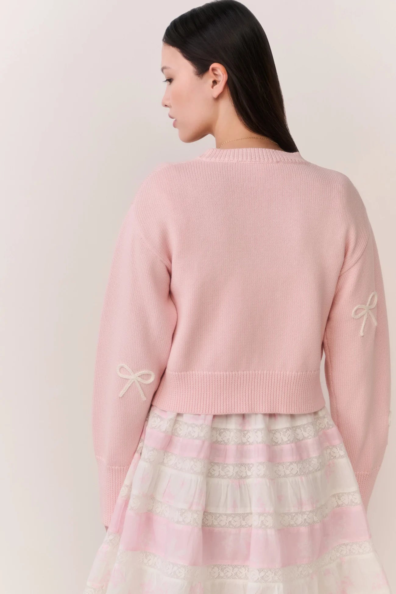 Francette Cotton Bow Embroidered Cardigan - Petal Meringue