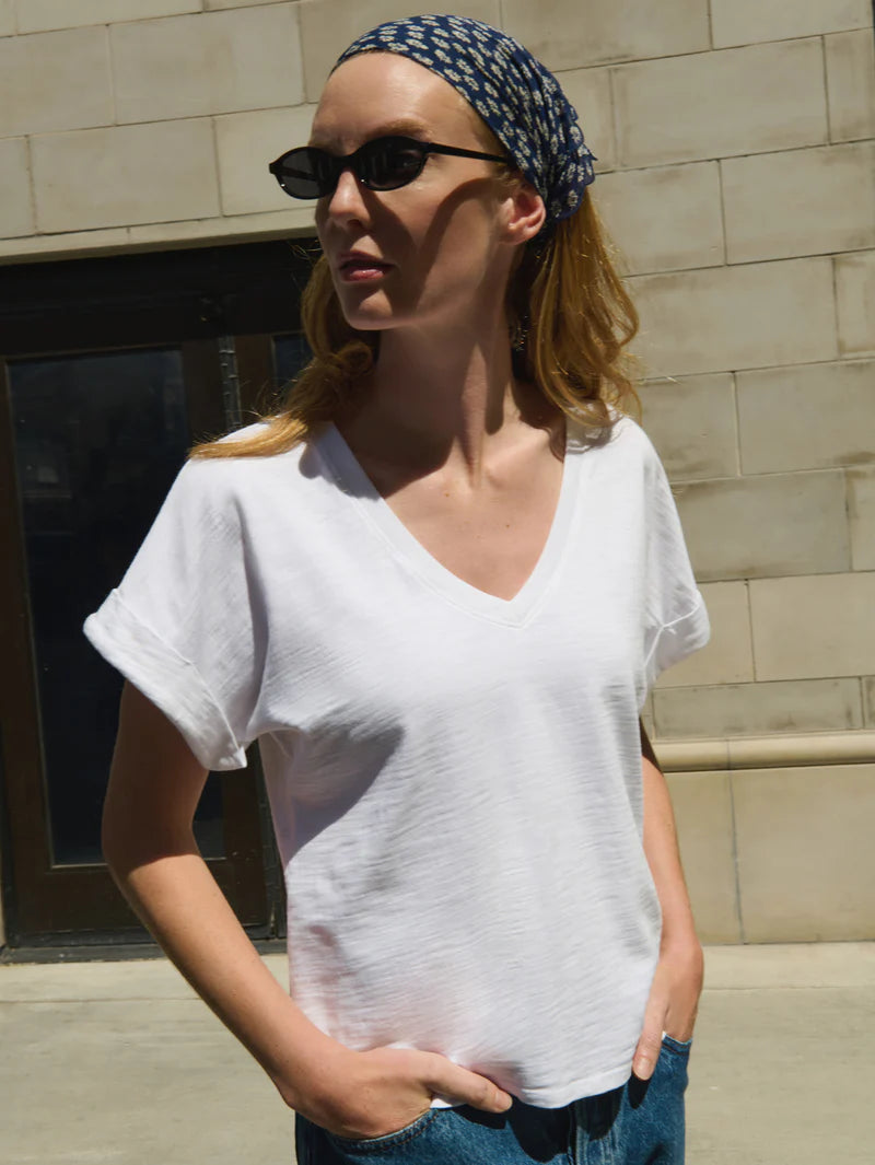 Stevie Cuffed V-Neck - Optic White