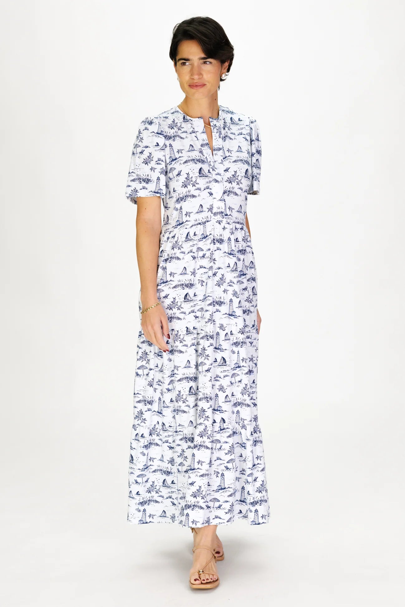 Taryn Dress in White with Navy Toile