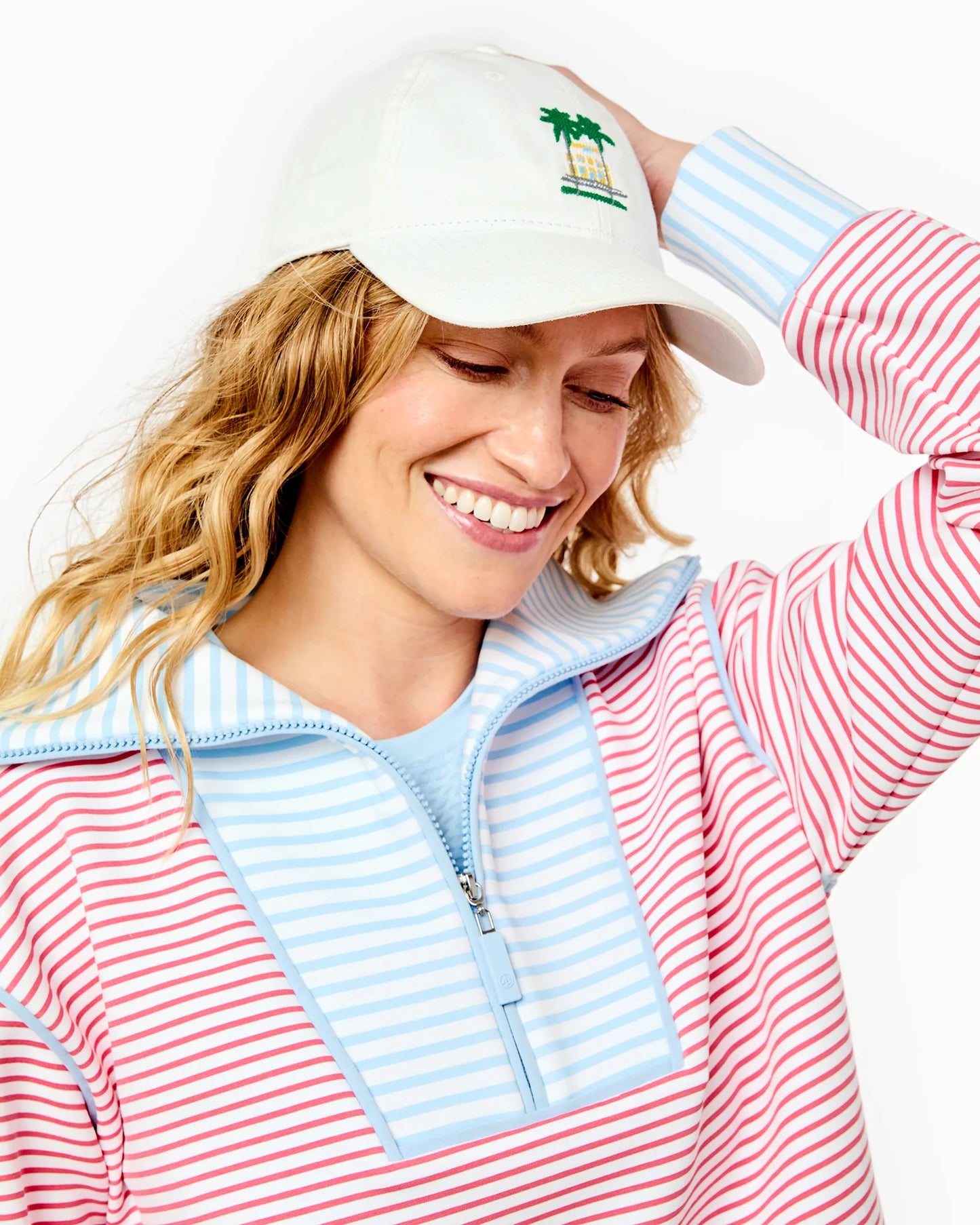 Polished Double Knit Alley Quarter Zip - Guava/Baby Blue Stripe