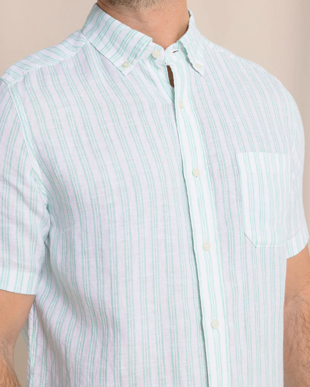 Crepe Myrtle Striped Linen Short Sleeve Sport Shirt - Jade Green