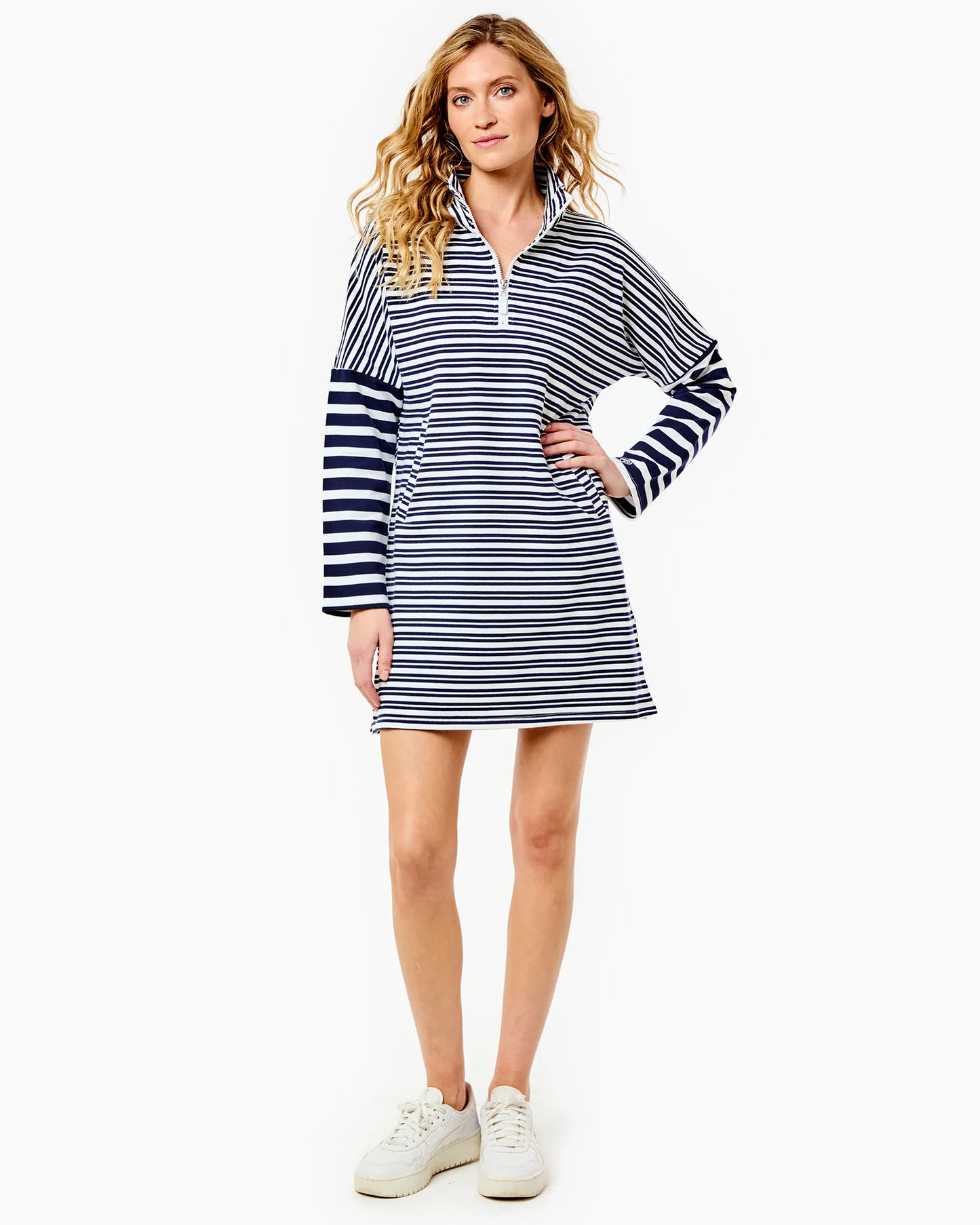 Luxe Terry Delancey Dress - Super White/Navy Double Stripe