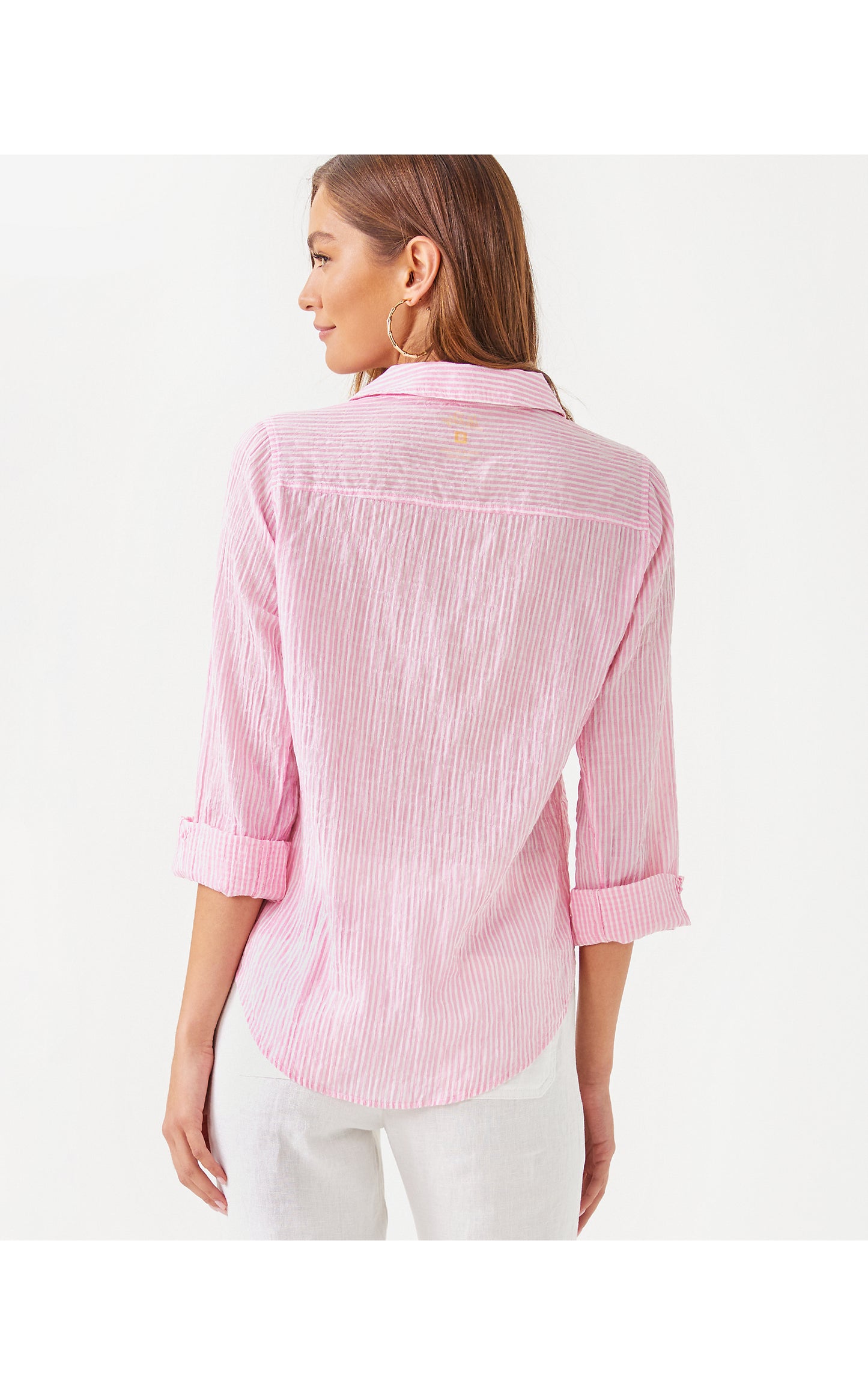 Sea View Button Down Top - Conch Shell Pink Lightweight Oxford Stripe