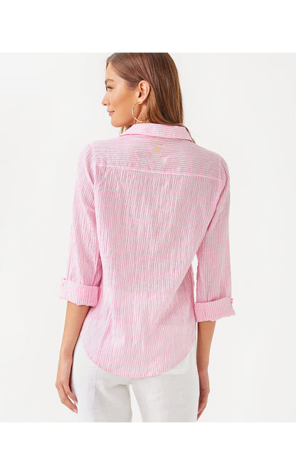 Sea View Button Down Top - Conch Shell Pink Lightweight Oxford Stripe