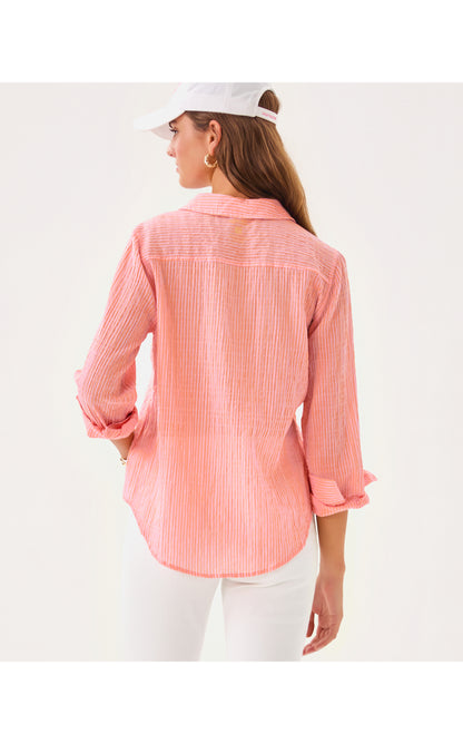 Sea View Button Down Shirt - Papaya X Conch Shell Pink Lightweight Oxford Shirting Stripe
