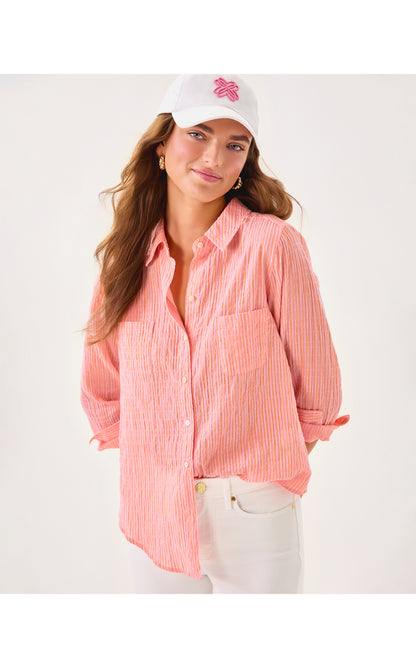Sea View Button Down Shirt - Papaya X Conch Shell Pink Lightweight Oxford Shirting Stripe