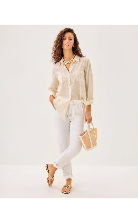 Sea View Button Down Top - Wicker Tan Lightweight Oxford Stripe