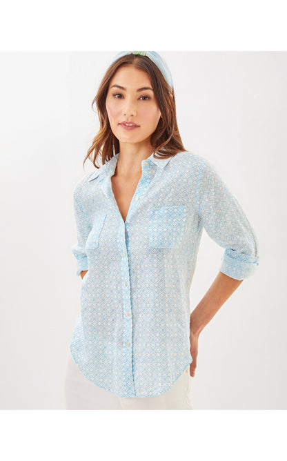 Sea View Button Down - Bluette X Resort White Butterfly Pattern