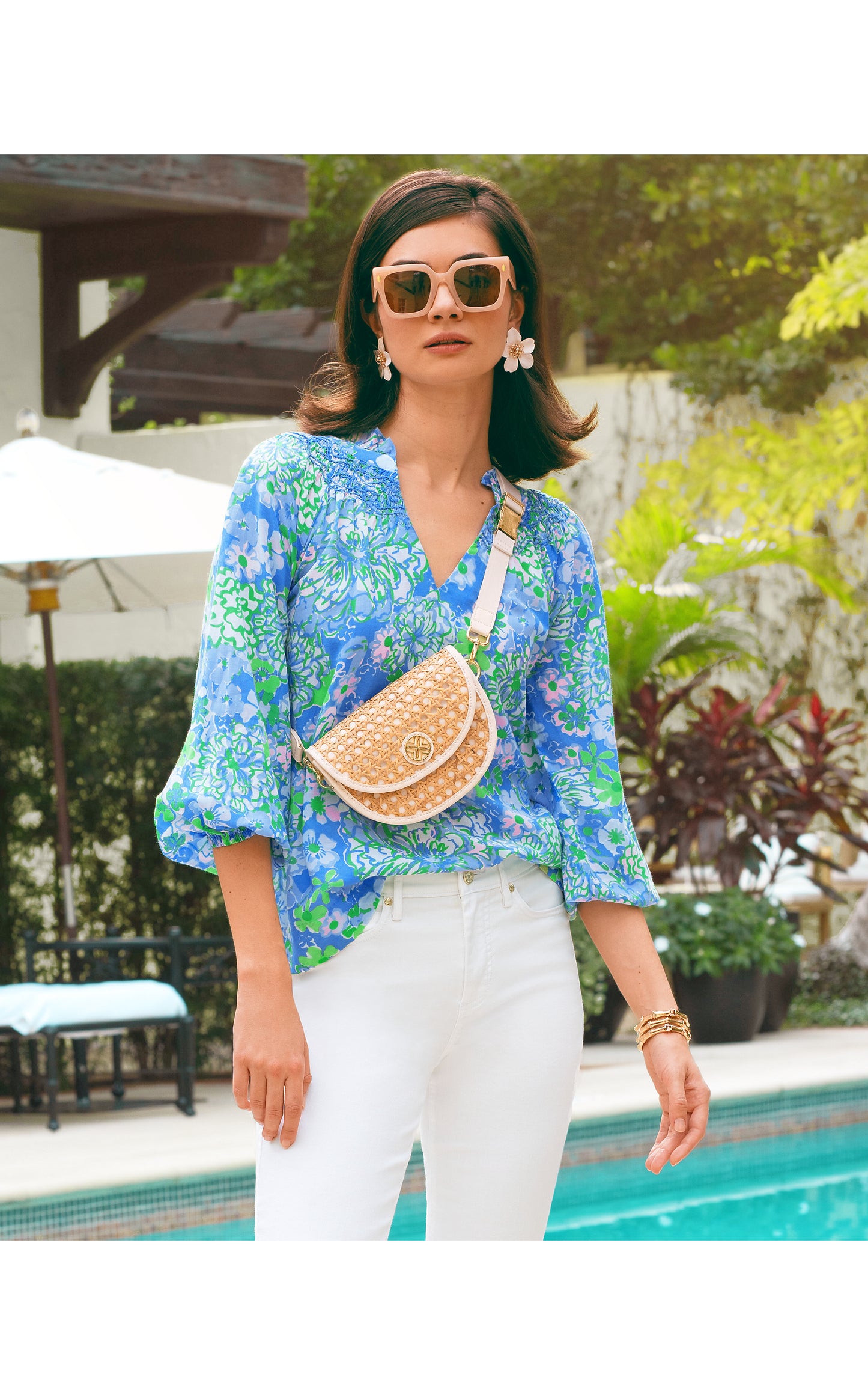 Lourdes 3/4 Sleeve Cotton Top - Plumes In Bloom