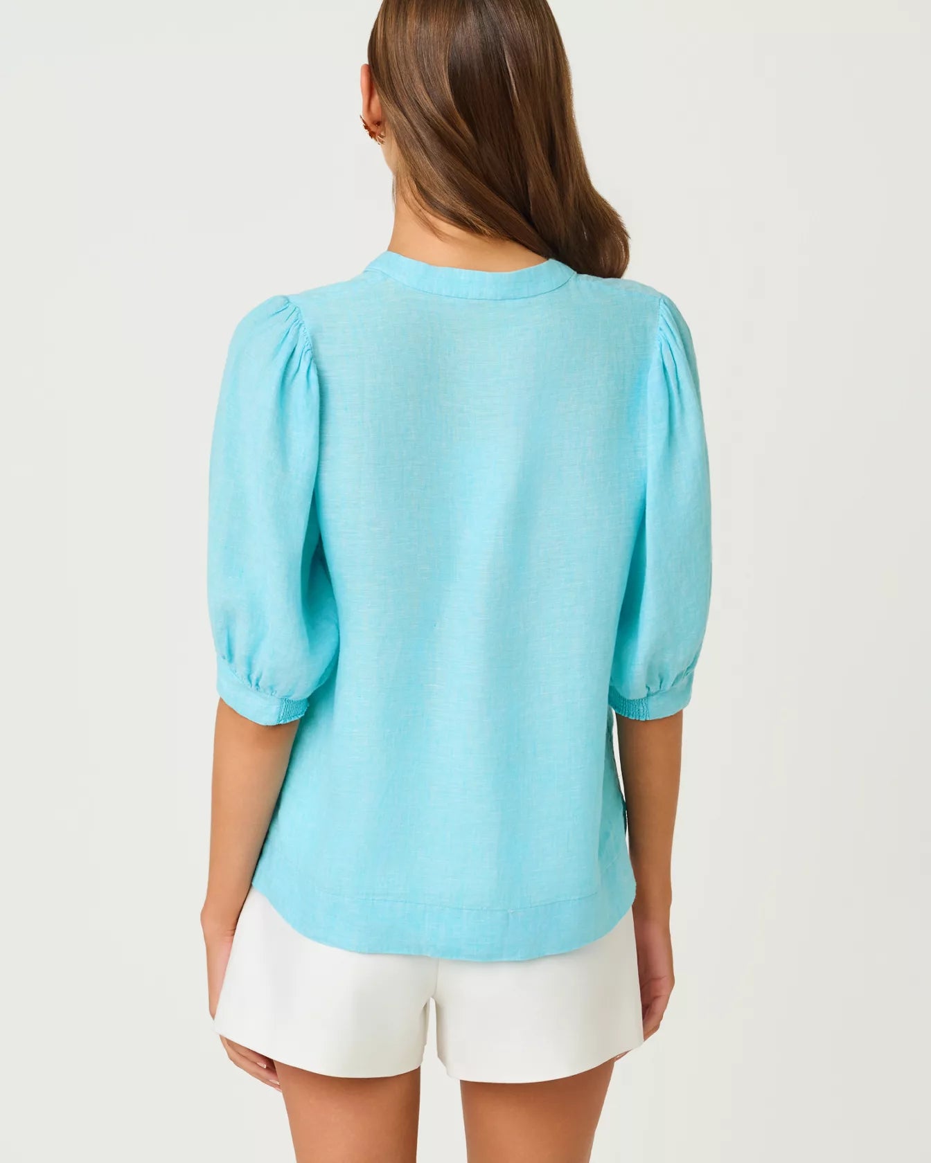 Mialeigh Elbow Sleeve Linen Top - Capri Blue X Resort White