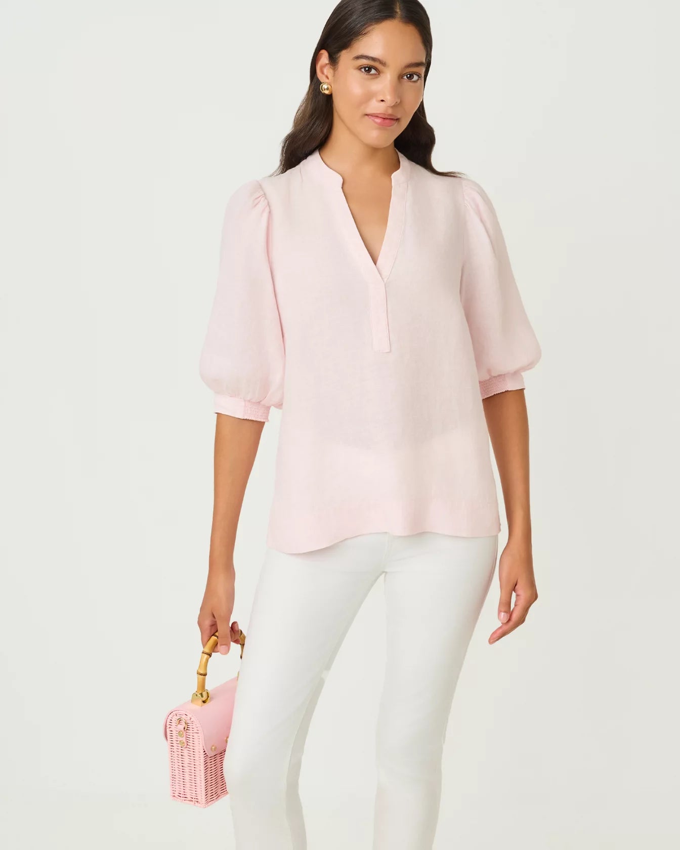 Mialeigh Elbow Sleeve Linen Top -Pink Muse X Resort White