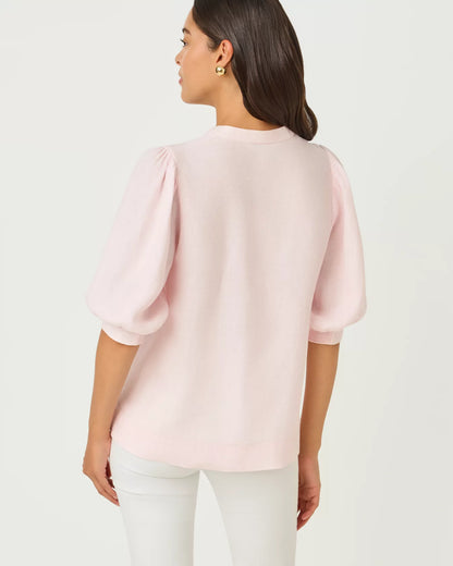 Mialeigh Elbow Sleeve Linen Top -Pink Muse X Resort White