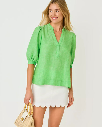 Mialeigh Elbow Sleeve Linen Top - Putting Green X Resort White