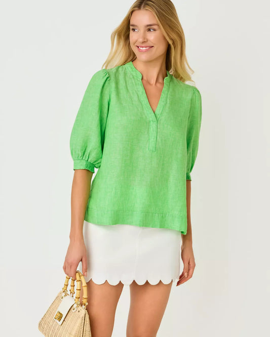 Mialeigh Elbow Sleeve Linen Top - Putting Green X Resort White