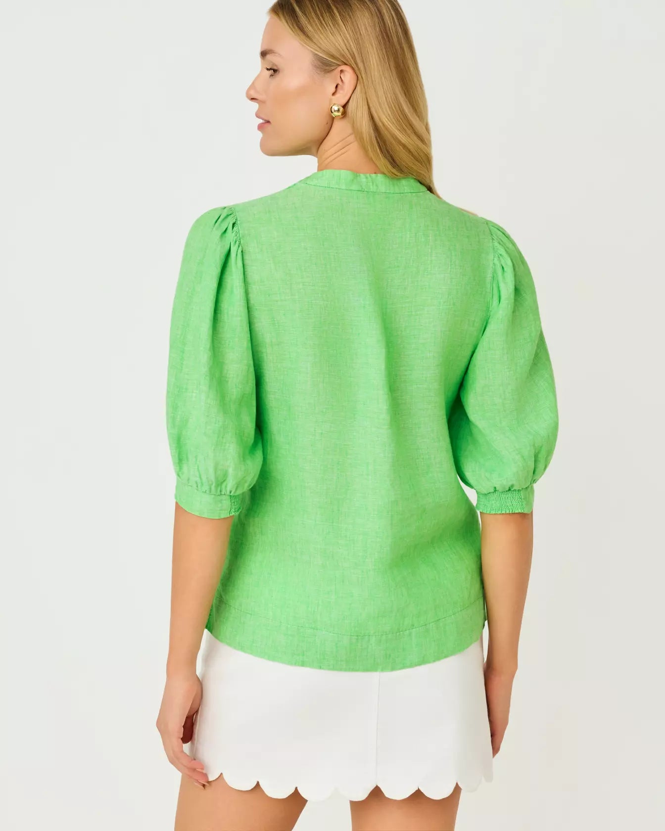 Mialeigh Elbow Sleeve Linen Top - Putting Green X Resort White