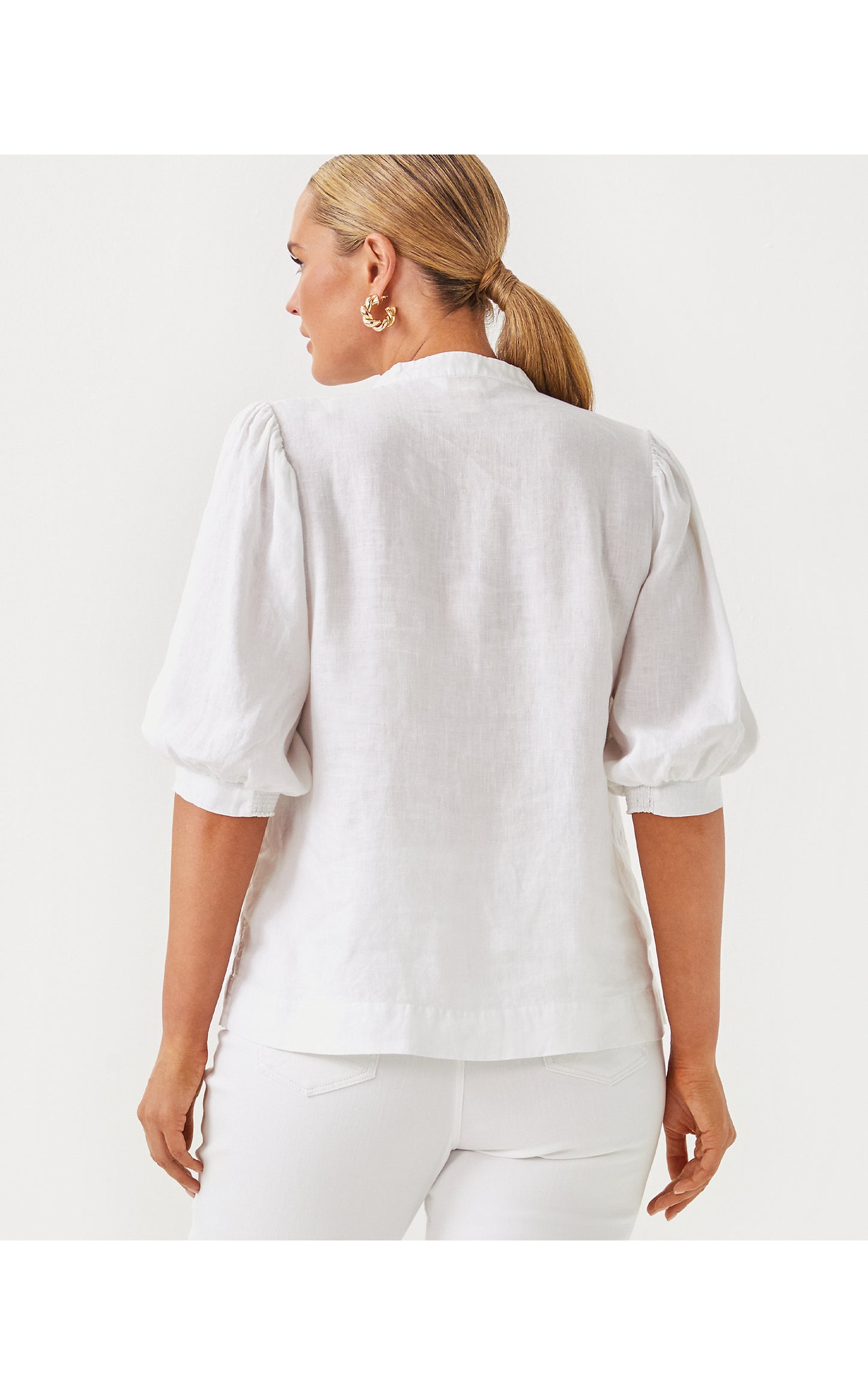Mialeigh Elbow Sleeve Linen Top - Resort White
