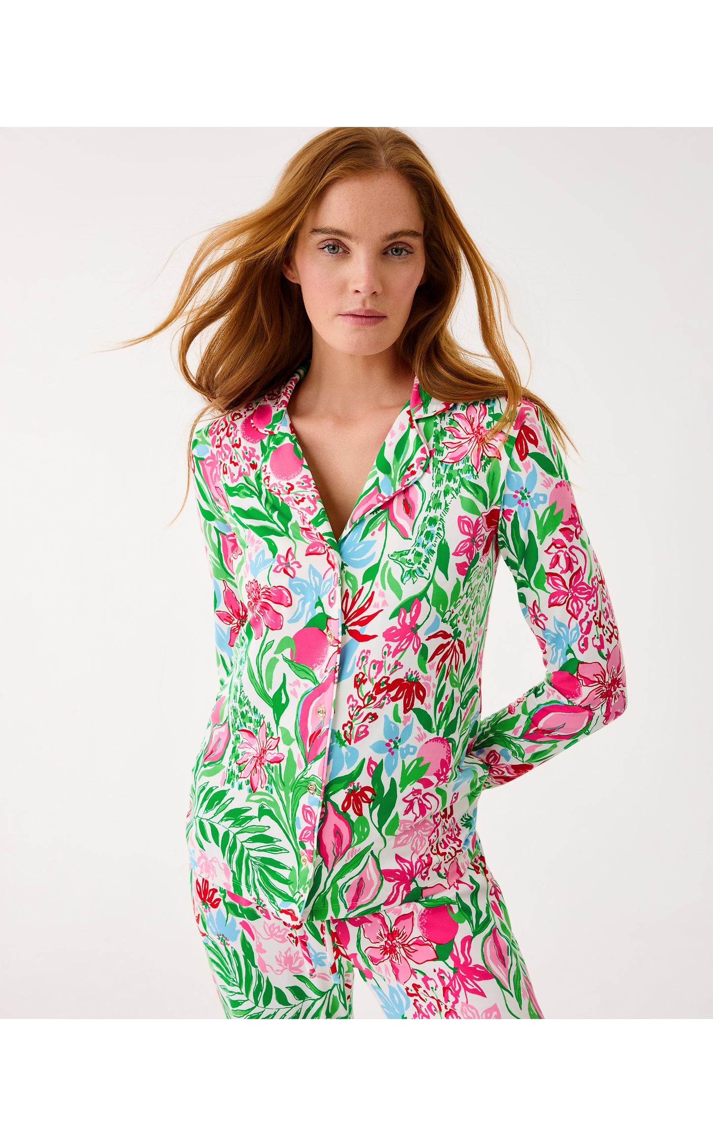 PJ Knit LS Button-Up Top - Multi Glowing Gardens