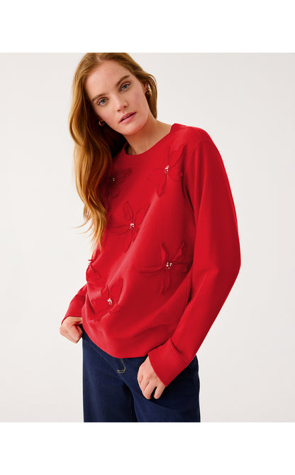 Ballad Cotton Sweatshirt - Cranberry Red Poinsettia Embellishment