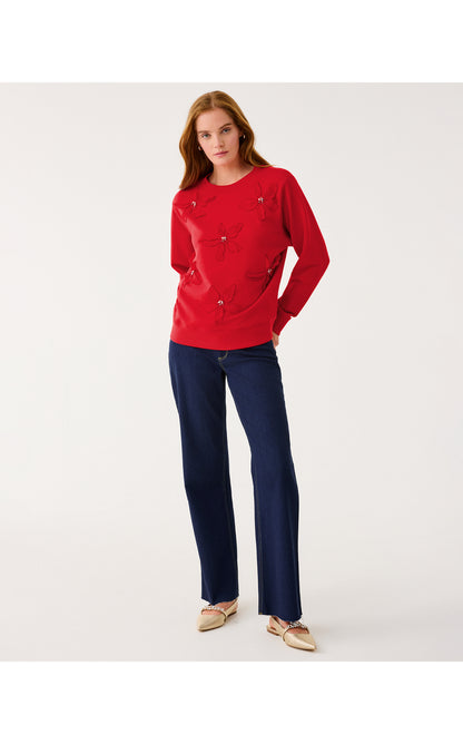Ballad Cotton Sweatshirt - Cranberry Red Poinsettia Embellishment
