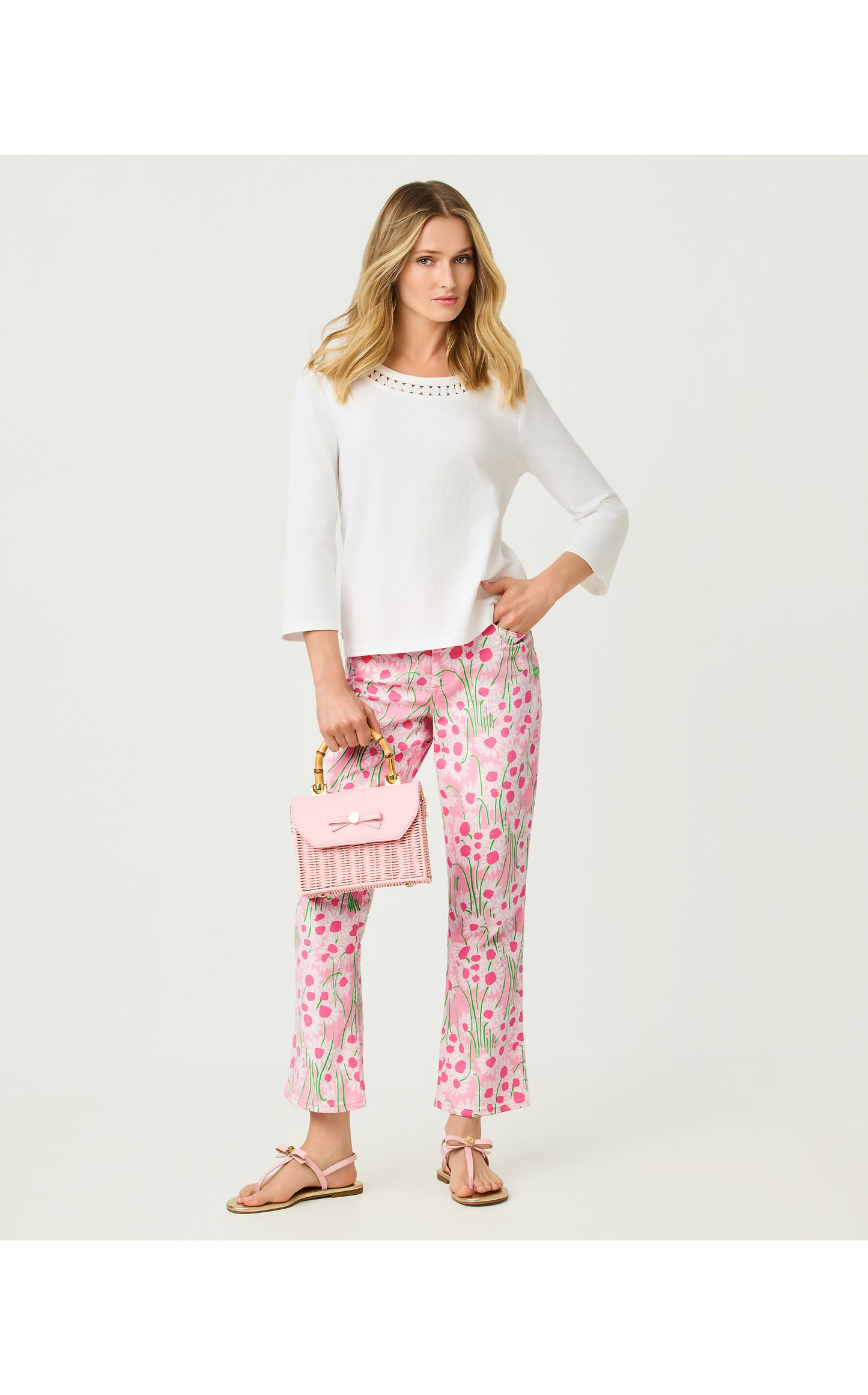 27" Annet High Rise Crop Flare Jean - Conch Shell Pink Sunny Daisies