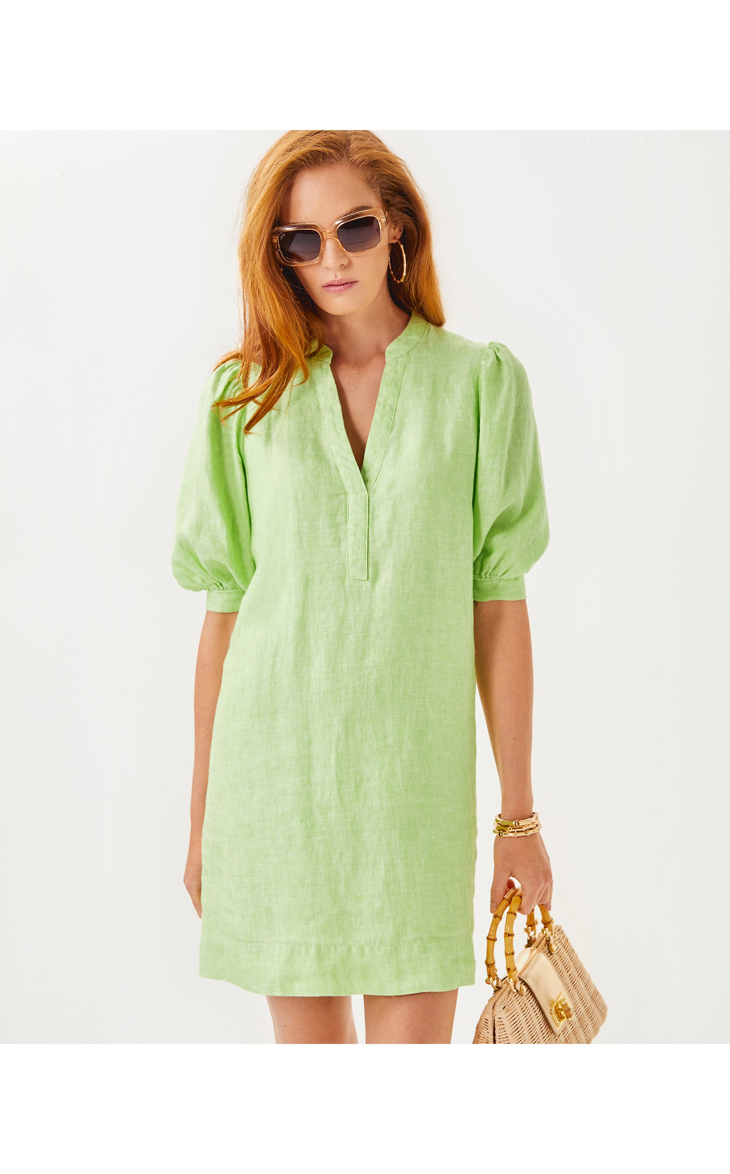 Mialeigh Elbow Sleeve Linen Dress - Jade Lime x Resort White