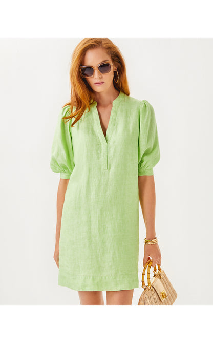 Mialeigh Elbow Sleeve Linen Dress - Jade Lime x Resort White
