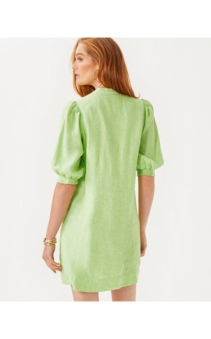 Mialeigh Elbow Sleeve Linen Dress - Jade Lime x Resort White