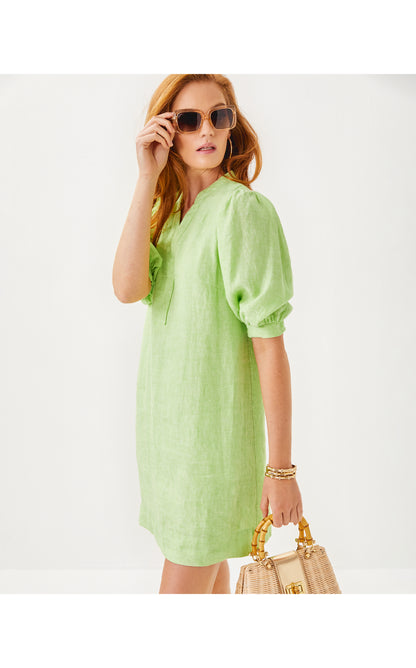 Mialeigh Elbow Sleeve Linen Dress - Jade Lime x Resort White