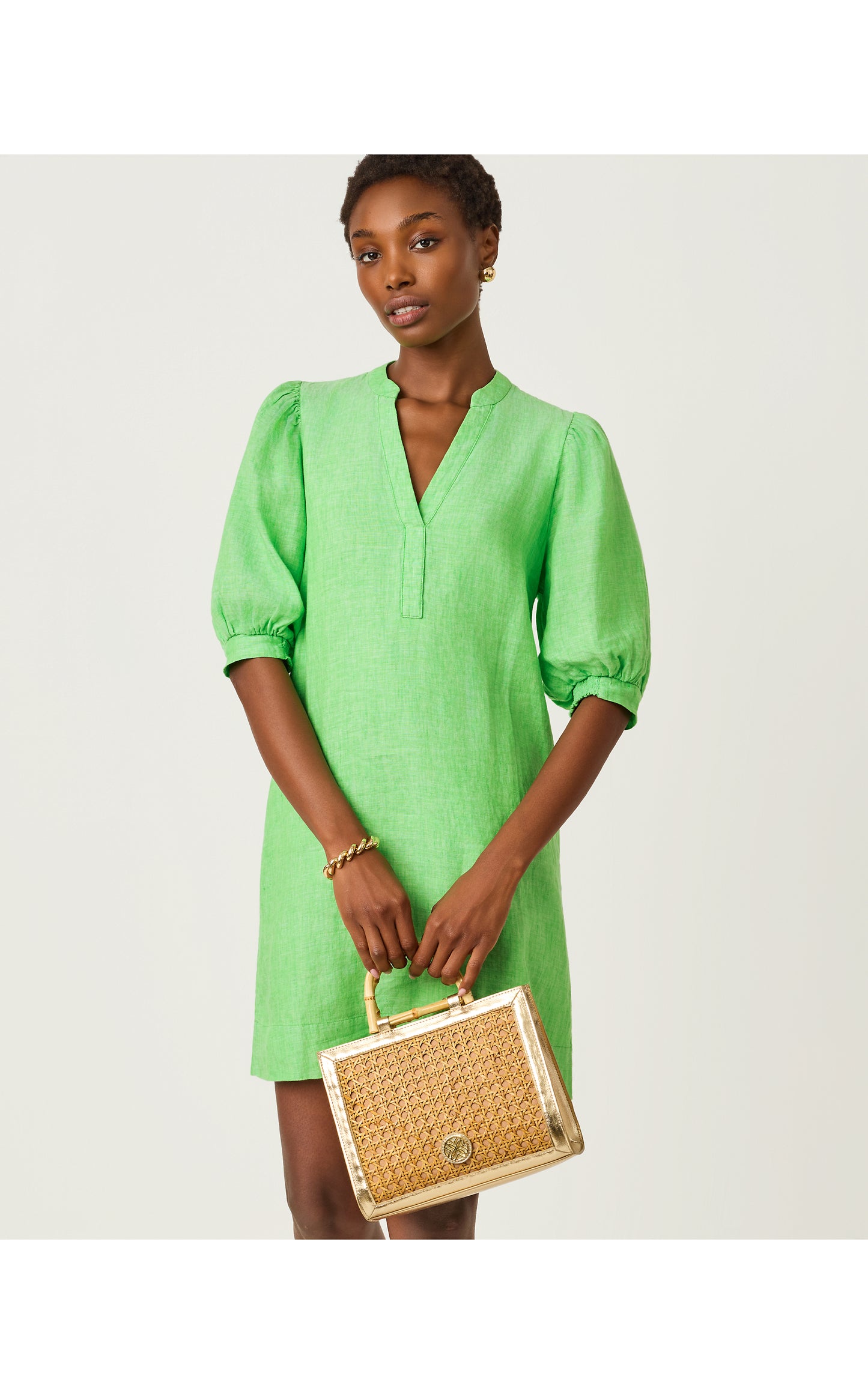 Mialeigh Elbow Sleeve Linen Dress - Putting Green X Resort White