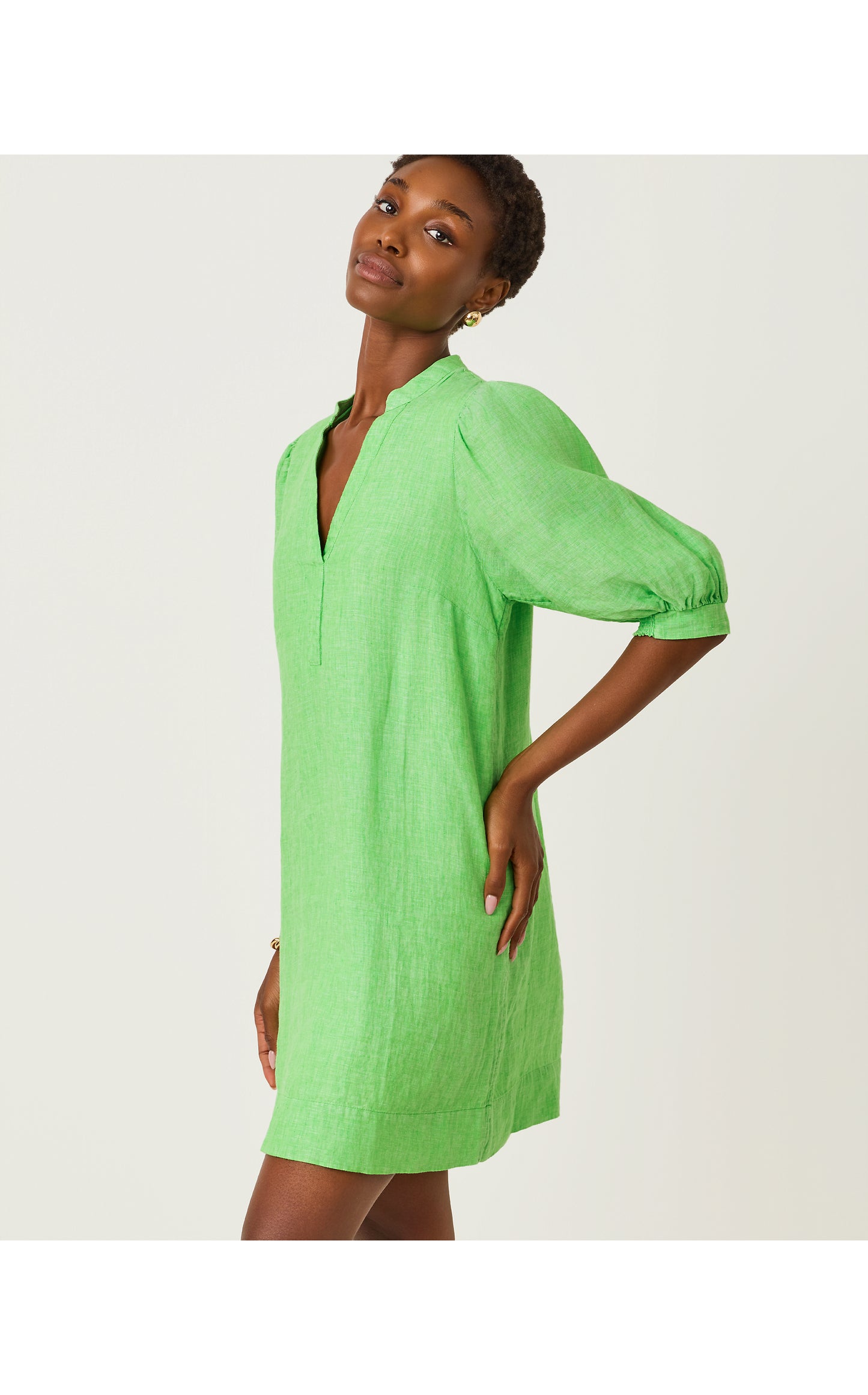 Mialeigh Elbow Sleeve Linen Dress - Putting Green X Resort White