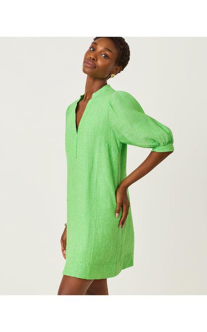 Mialeigh Elbow Sleeve Linen Dress - Putting Green X Resort White