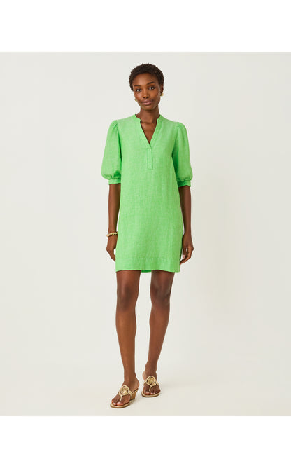 Mialeigh Elbow Sleeve Linen Dress - Putting Green X Resort White