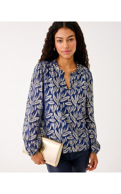 Giana Long Sleeve Silk Top - Low Tide Navy Leafy Babe Metallic Silk Clip