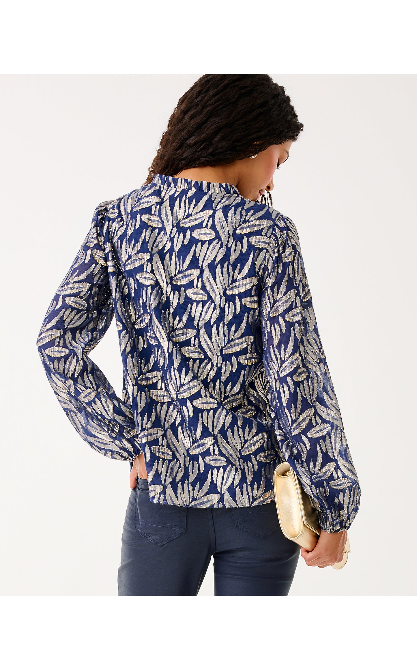 Giana Long Sleeve Silk Top - Low Tide Navy Leafy Babe Metallic Silk Clip