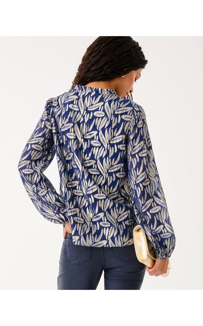 Giana Long Sleeve Silk Top - Low Tide Navy Leafy Babe Metallic Silk Clip