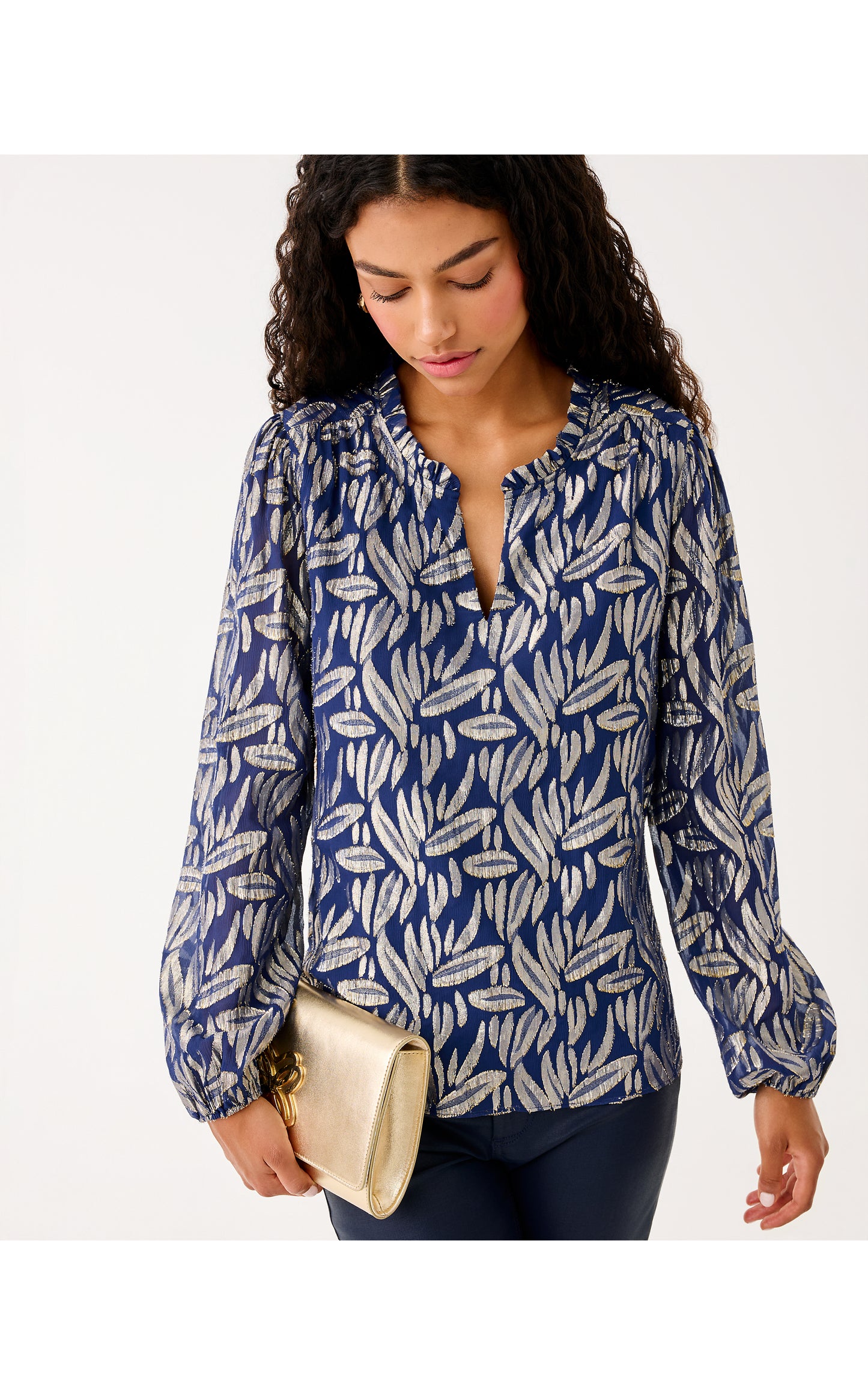 Giana Long Sleeve Silk Top - Low Tide Navy Leafy Babe Metallic Silk Clip