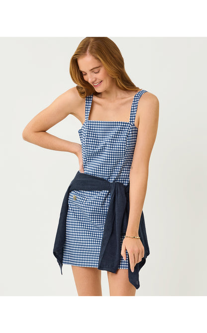 Veda Skirted Romper - Starlight Navy Gingham Stretch Jacquard