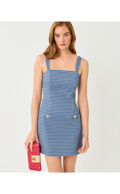 Veda Skirted Romper - Starlight Navy Gingham Stretch Jacquard
