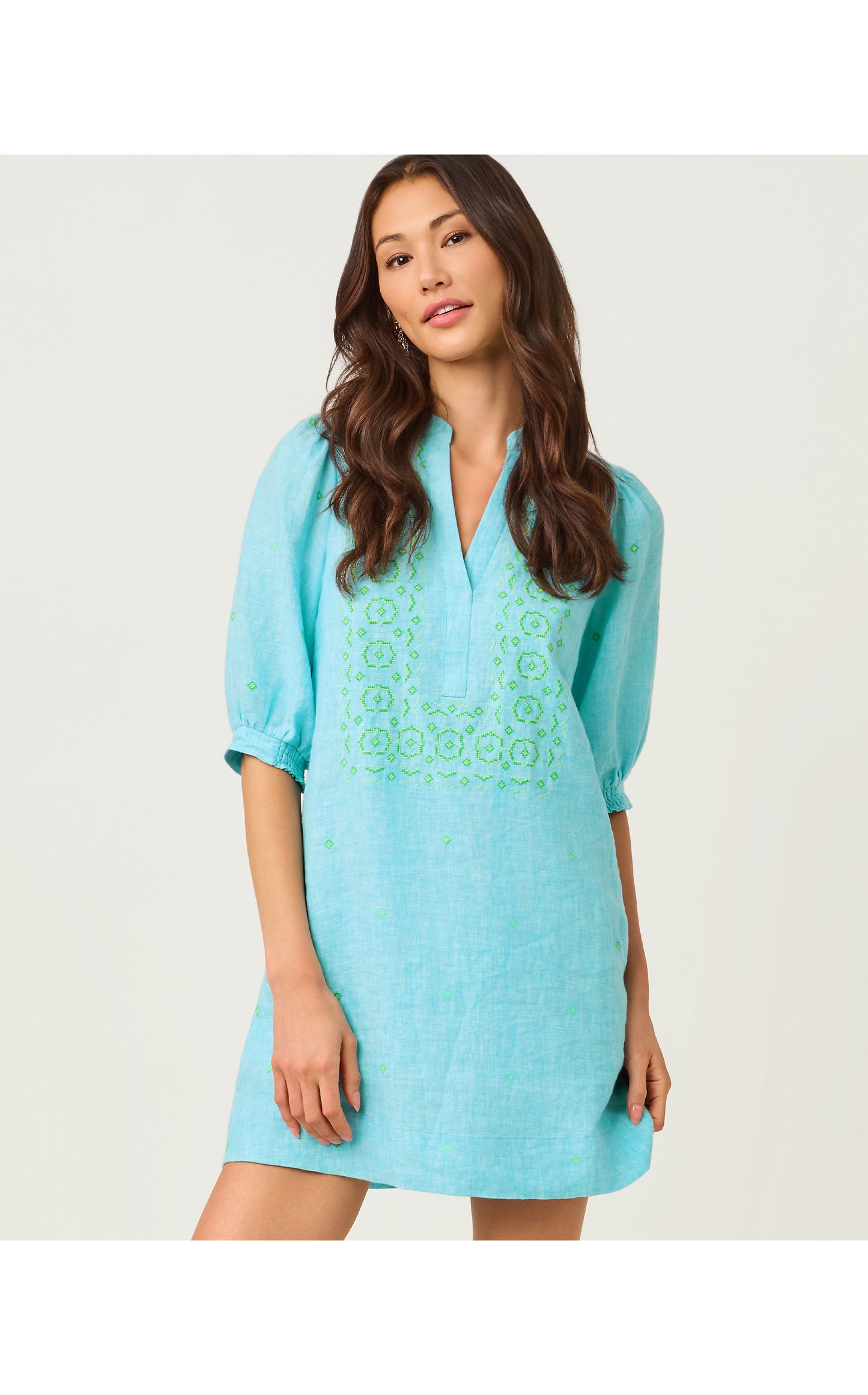 Mialeigh Elbow Sleeve Linen Dress - Capri Blue X Resort White