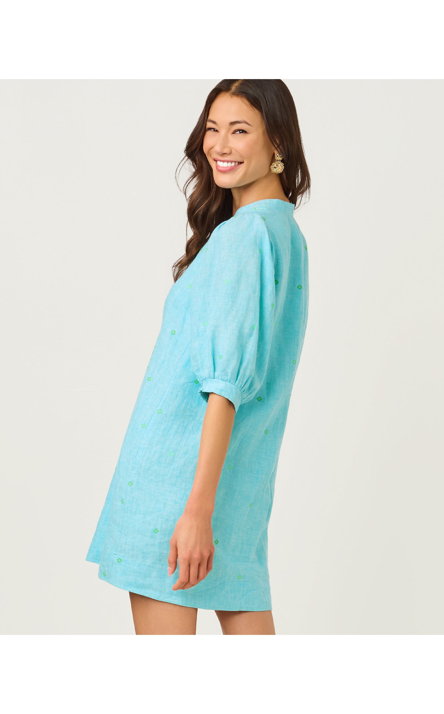 Mialeigh Elbow Sleeve Linen Dress - Capri Blue X Resort White