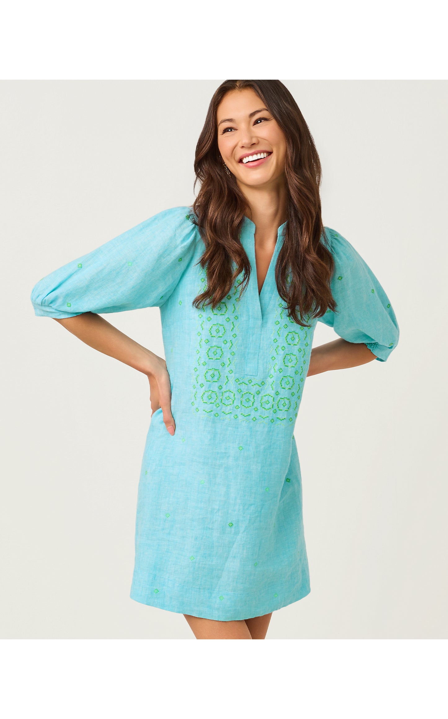 Mialeigh Elbow Sleeve Linen Dress - Capri Blue X Resort White