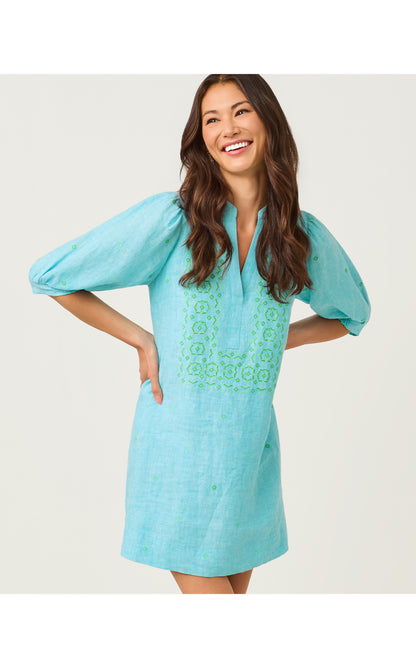 Mialeigh Elbow Sleeve Linen Dress - Capri Blue X Resort White