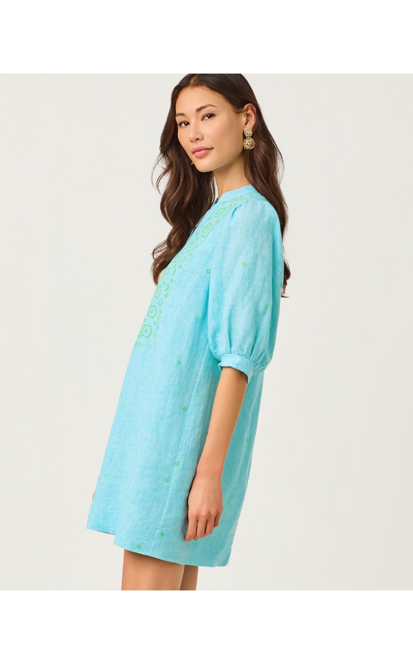 Mialeigh Elbow Sleeve Linen Dress - Capri Blue X Resort White