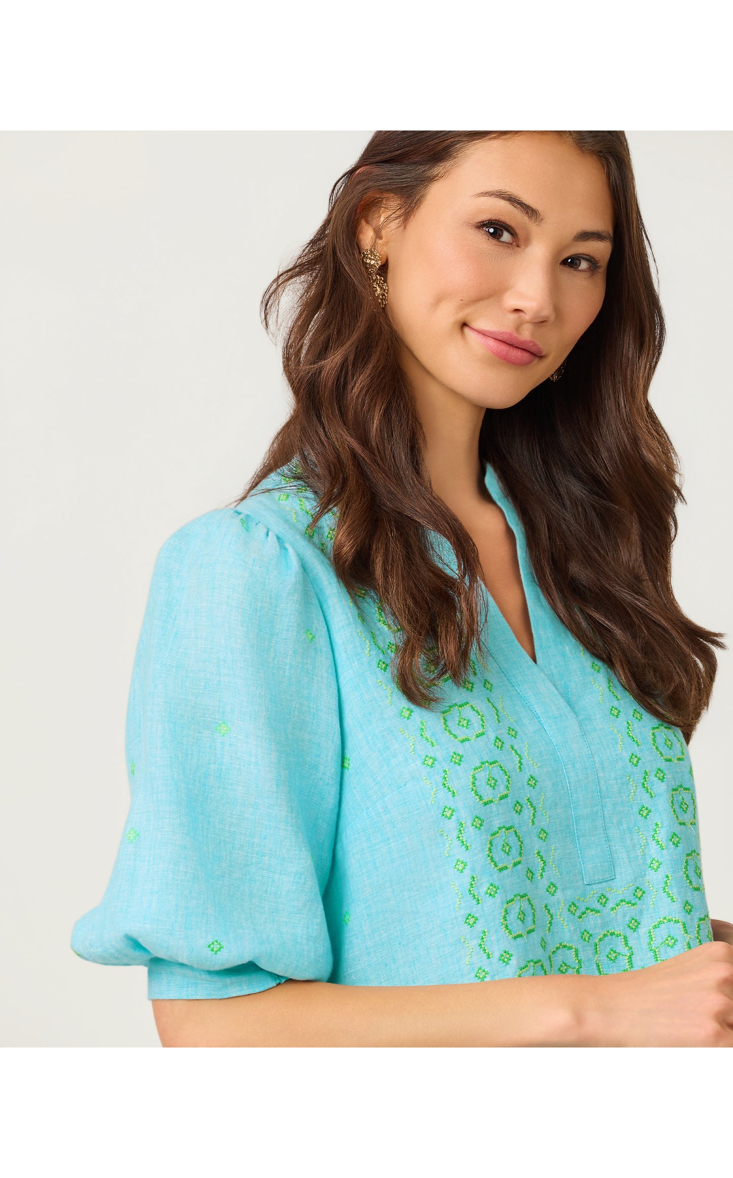 Mialeigh Elbow Sleeve Linen Dress - Capri Blue X Resort White