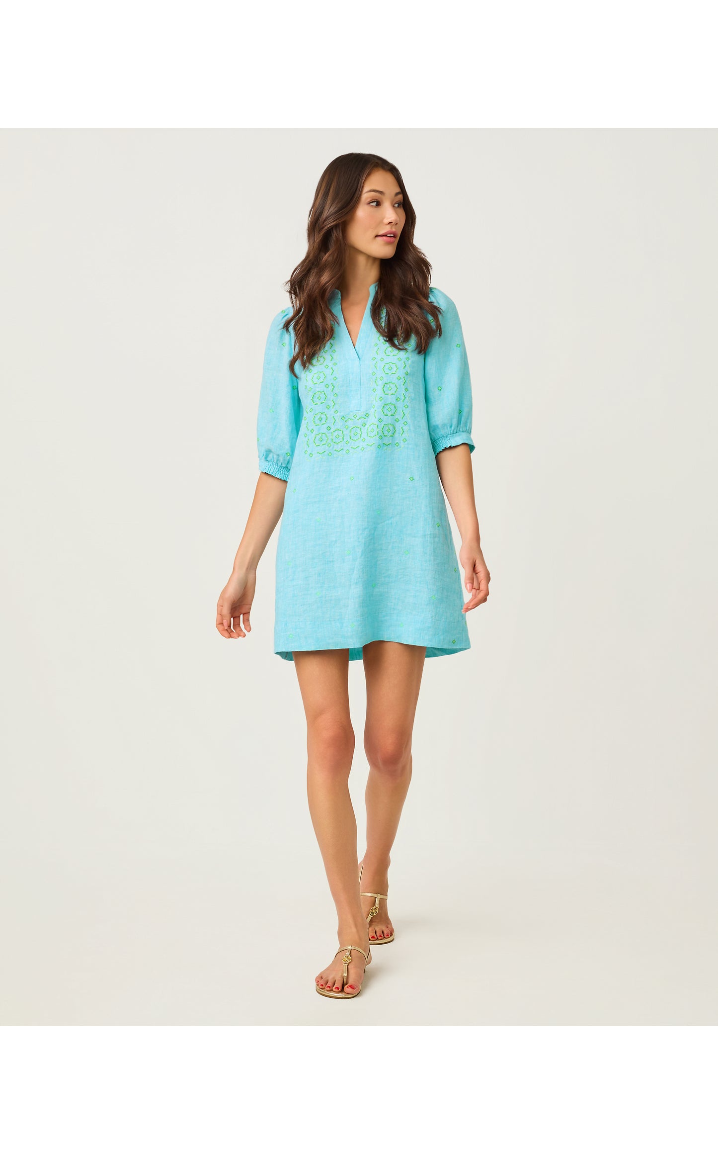 Mialeigh Elbow Sleeve Linen Dress - Capri Blue X Resort White